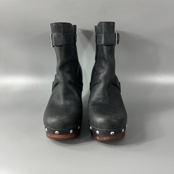 UGG Black Leather "Taryn" Wooden Wedge Mid Calf Boots, Size 7 - Picture 4 of 13